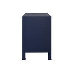 Side view of navy blue Edelman Side Table showing smooth textured finish and raised legs