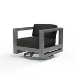 Redondo Swivel Club outdoor accent chair with low back, black cushions, and hand-brushed slate finish aluminum frame