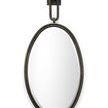 Large oval mirror with antiqued bronze iron frame and beveled glass suspended from square wall hook