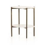 Oval taupe marble nightstand with two shelves and slim antique brass iron frame