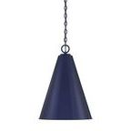 Navy blue pendant viewed from top showing cone shape taper and chain hanging