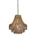 Valencia Beaded Chandelier illuminated with visible light bulb inside rattan frame