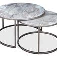Set of 2 round nesting coffee tables with grey taupe marble tops and antique silver iron frames