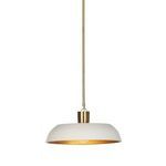 Unlit Walton Pendant with white shade and brass rod against white background