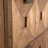 Close-up of Musashi Walnut 2 Drawer console table drawer front texture and brass pull detail