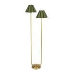 Polly natural brass floor lamp with two scalloped green shades and an asymmetrical multi-level base