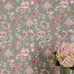 Close-up view of Friendship Garden Sage wallpaper with hydrangea flower bouquet in front