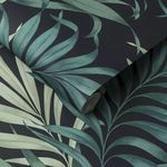 Deep blue Yasuni Wallpaper with large green tropical palm leaf pattern rolled to show texture