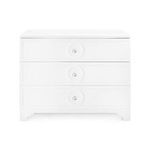 Front view of Savoy dresser showing symmetrical drawers with round chrome knobs and subtle wood-cut detailing