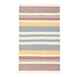 Alternate color variation of throw featuring horizontal stripes in blue, muted red, yellow, beige, and cream