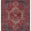 Vintage style area rug with distressed medallion pattern in red and blue hues with intricate floral details