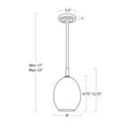 Technical drawing showing pendant light dimensions with 8-inch globe diameter and adjustable length rod