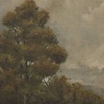 close-up of tree foliage areas in autumn brown and green tones with visible brushstroke texture