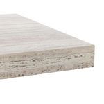 Close-up of the laminate tabletop edge with natural stone texture and layered pattern