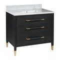 Black linen vanity angled left with marble top and gold hardware, showing texture of linen finish