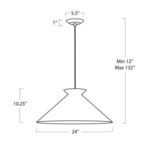 Line drawing with dimensions of Viggo Pendant measuring 24 inches wide and adjustable height