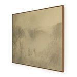 Painting viewed from angled side showing slim vertical grain white oak frame depth and raw canvas texture