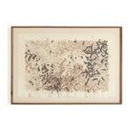 Abstract-expressionist painting with layered neutral tones and thick textured brushstrokes, framed in natural wood