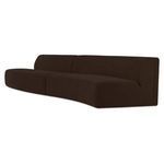 Diagonal front view highlighting the sectional’s wave shape and smooth fabric upholstery in dark brown