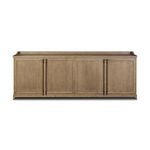 Adela Sideboard with four panel doors, aged bronze hardware, weathered washed oak finish, and gallery top design
