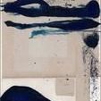 Abstract painting Layers Of Blue II with bold dark blue brush strokes on a beige background