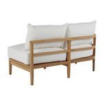 Back angled view of Santa Barbara teak sofa with white cushions showing clean teak wood lines