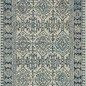 rectangular blue and cream rug with geometric and floral patterns in wool pile, featuring fringed edges on both ends