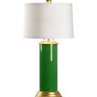 Savannah Lamp with glossy green glass cylinder, gold leaf base and parts, topped with white silk drum shade