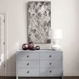 Bryant Linen dresser styled in room with artwork, lamp, and decorative glassware on top