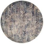 Round version of Anastasia Mist Blue Rug with same distressed ornate design