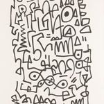 Close detail of abstract black lines and shapes on cream background of the painting