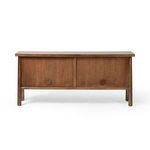 Rear view featuring paired sliding doors with circular wooden handles on a lighter oak finish