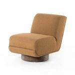 Three-quarter view of Bronwyn chair showing rounded cushioned seat and wire-brushed wood base