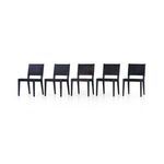 Row of five Villa Dining Chairs in varied dark finishes with hair on hide upholstery, side profile