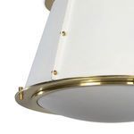 close-up of brass accents and white shade attachment on French Maid Flush Mount