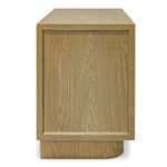 Side panel close-up focused on oak wood grain and raised beveled edge