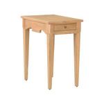 Oslo Side Table in cerused oak with tapered legs, a single drawer with brass knob, and carved edge detailing