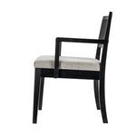Side profile showing armrest length and slightly curved rear legs