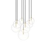 Side view of Cluster 7 MIX Chandelier with clear glass spheres and brass fittings on black cords