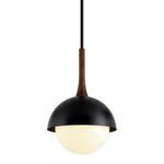 Cadet Pendant with matte black half-dome metal shade and white glass globe diffuser suspended from wood accent stem