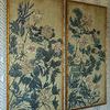Pair of framed paintings side by side on wallpaper with blue leaf pattern, showing full botanical composition
