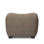Kylo Ottoman in double striped taupe fabric with sweetheart shape and rounded wooden bun feet