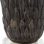 Close-up of textured ceramic base showing carved leaf-like vertical details in mushroom gray finish