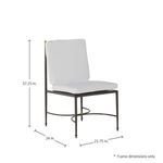 Side view of chair with frame dimensions overlay showing height, width, and depth in inches