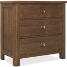 Driftwood three-drawer nightstand in worn saddle with smooth-closing drawers and metal round knobs