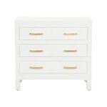 Front view showing alignment of gold leaf drawer pulls on the white raffia chest