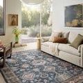 Traditional rug styled under sofa in bright living room with large window and modern decor