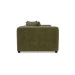 Side dimension view of olive sofa showing depth and height with six back pillows.