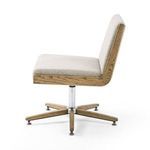 Straight-on front view featuring light beige upholstery and wooden frame with height adjustment lever