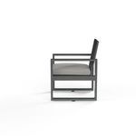Side profile of Redondo Dining Chair highlighting straight lines of chair legs and armrests with cushion thickness